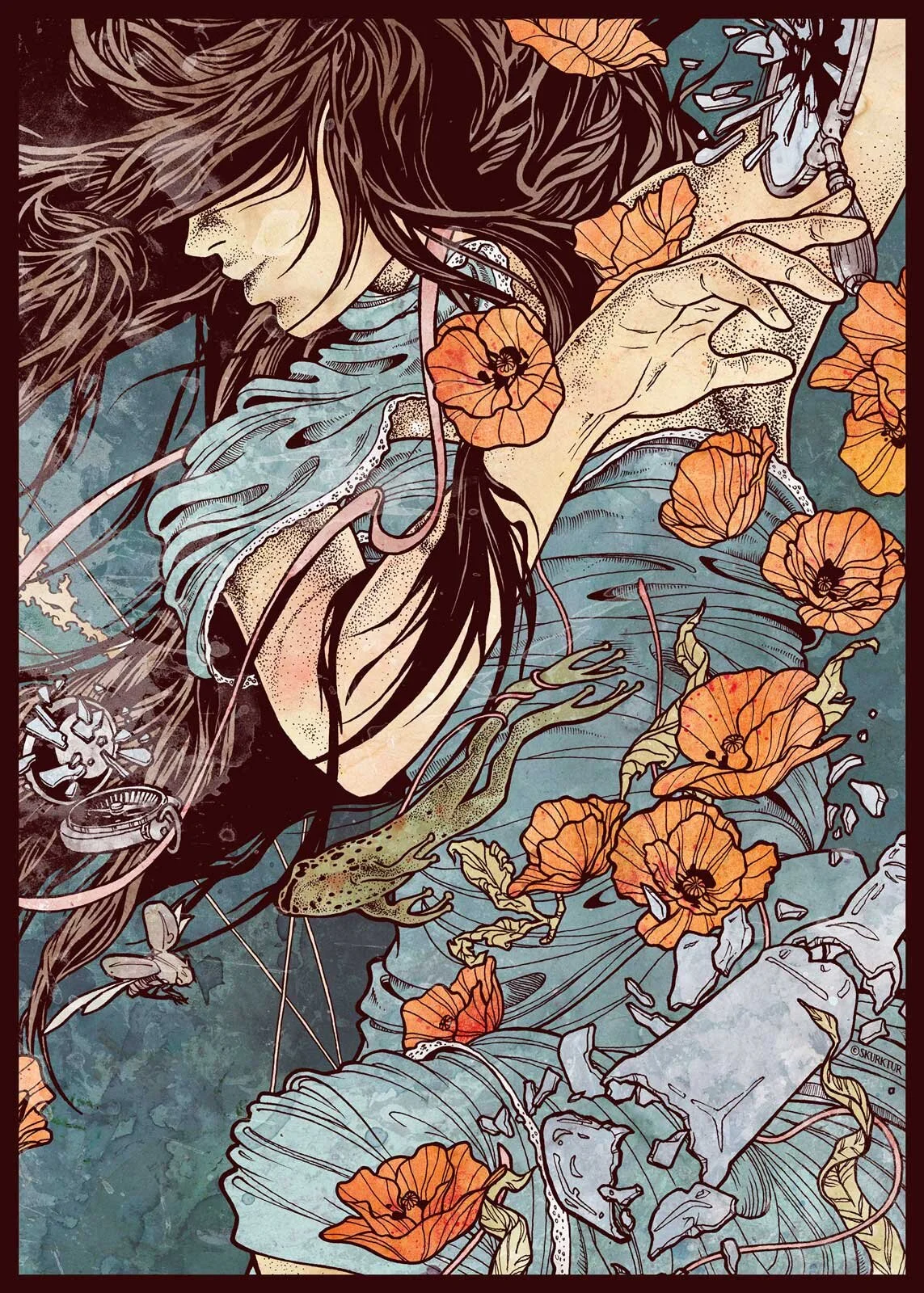 Digital illustration of a woman with long flowing hair, surrounded by orange poppies, a frog, a bee, and broken glass and metal debris.