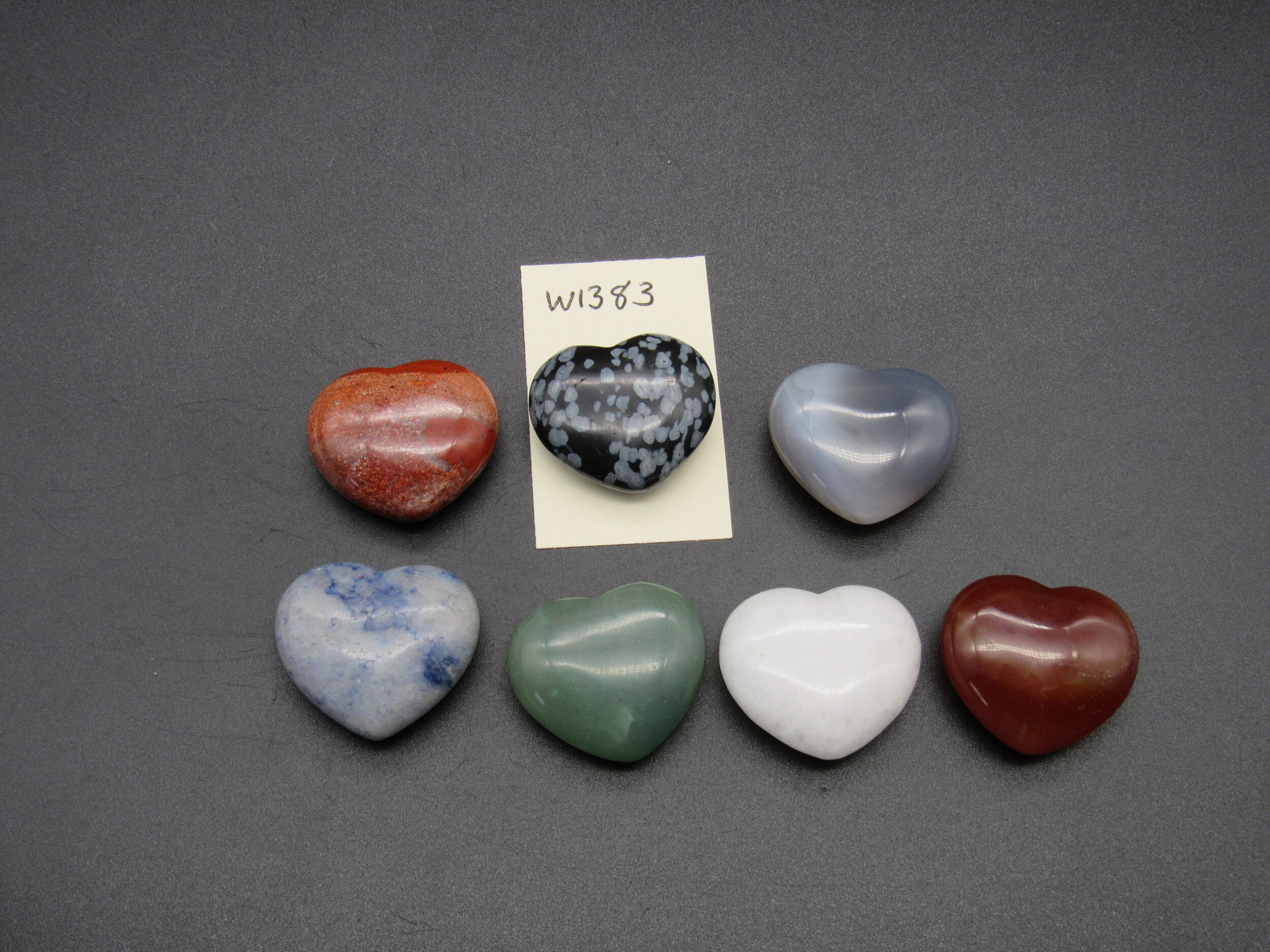 7 Polished Stone Hearts - Snowflake Obsidian, Jasper, Quartz, Agate, etc.