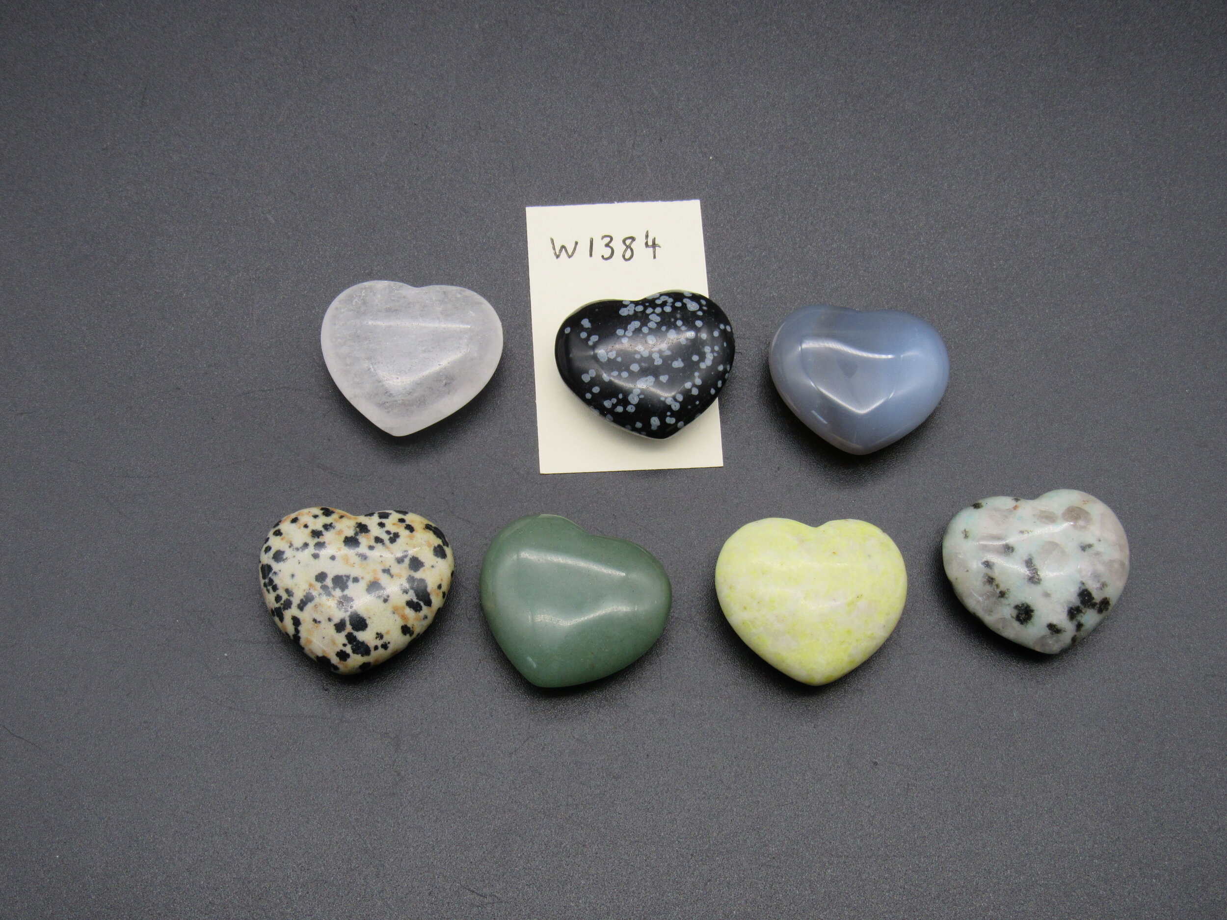 7 Polished Stone Hearts - Snowflake Obsidian, Jasper, Quartz, Agate, etc.