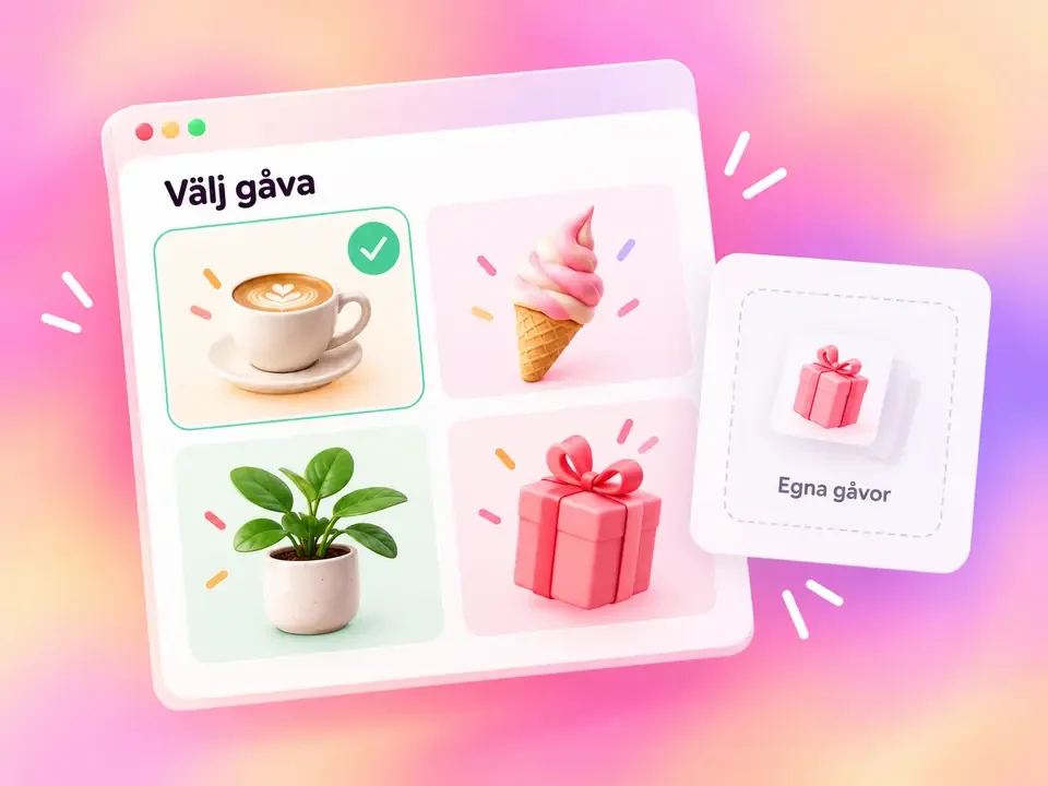Ett urval av gåvor i gåvobiblioteket och ett val för egna, redan skapade gåvor.