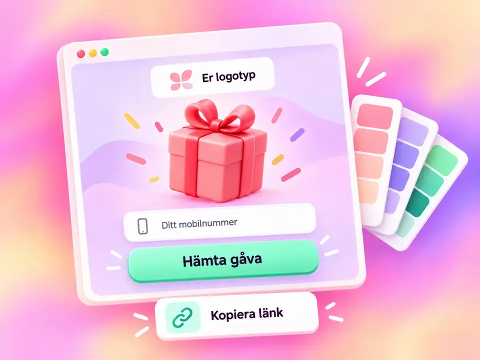 Exempel på en landningssida med företagets logotyp, mobilnummerfält och en delbar länk. Illustrationen visar det färdiga resultatet. Den återger inte en exakt portalvy. Er logotyp är en platshållare, inte UpUps logotyp.