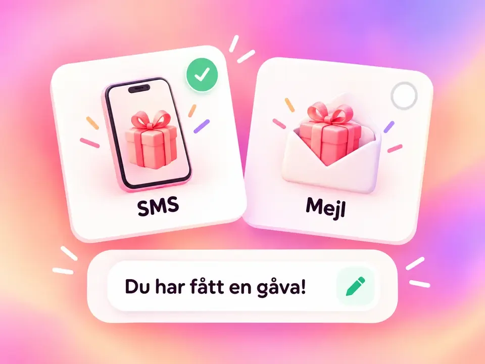 Val mellan sms och mejl med en redigerbar notifiering om gåvan.