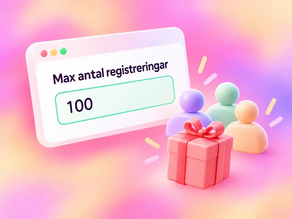 Inställning för maximalt antal registreringar på landningssidan. Exemplet visar 100. 100 är ett illustrativt exempel, inte en produktgräns.