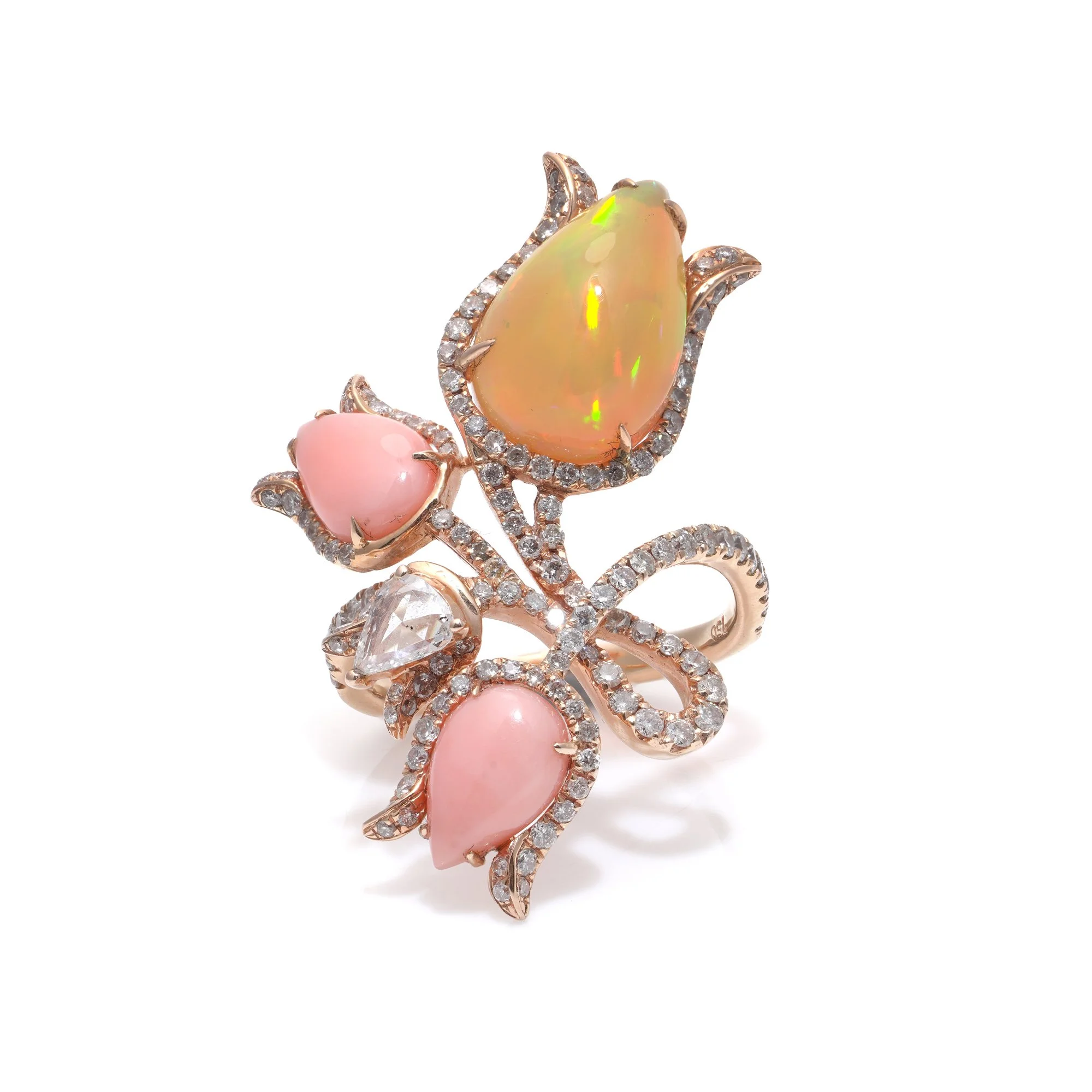 18KT Gold Opal, Coral and Diamond Flower Ring