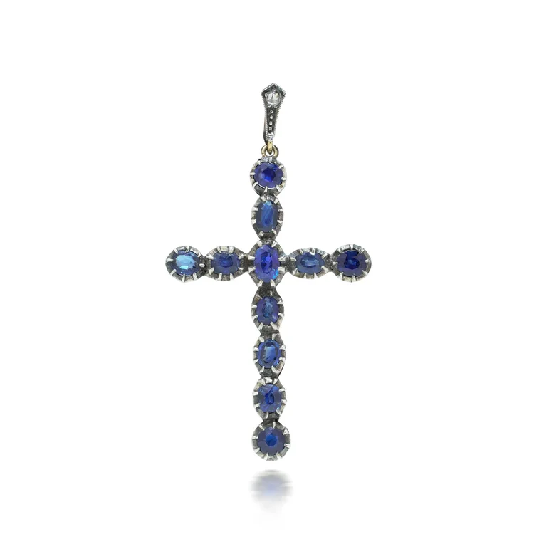 Victorian 9KT Gold and Silver Sapphire Cross Pendant
