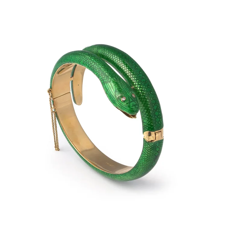 Vintage Green Enamel Snake Bracelet 18KT Gold Circa 1970s