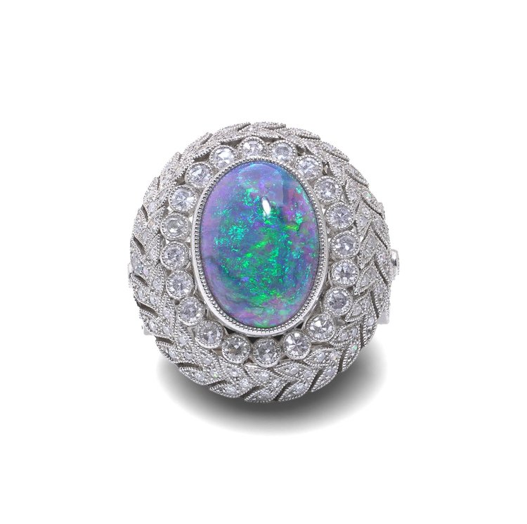 Art Deco Style Platinum Opal & Diamond Cluster Ring