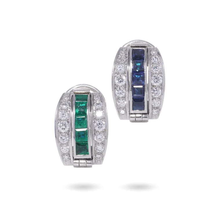 Tiffany & Co. platinum reversible earrings, sapphire, emerald and diamond