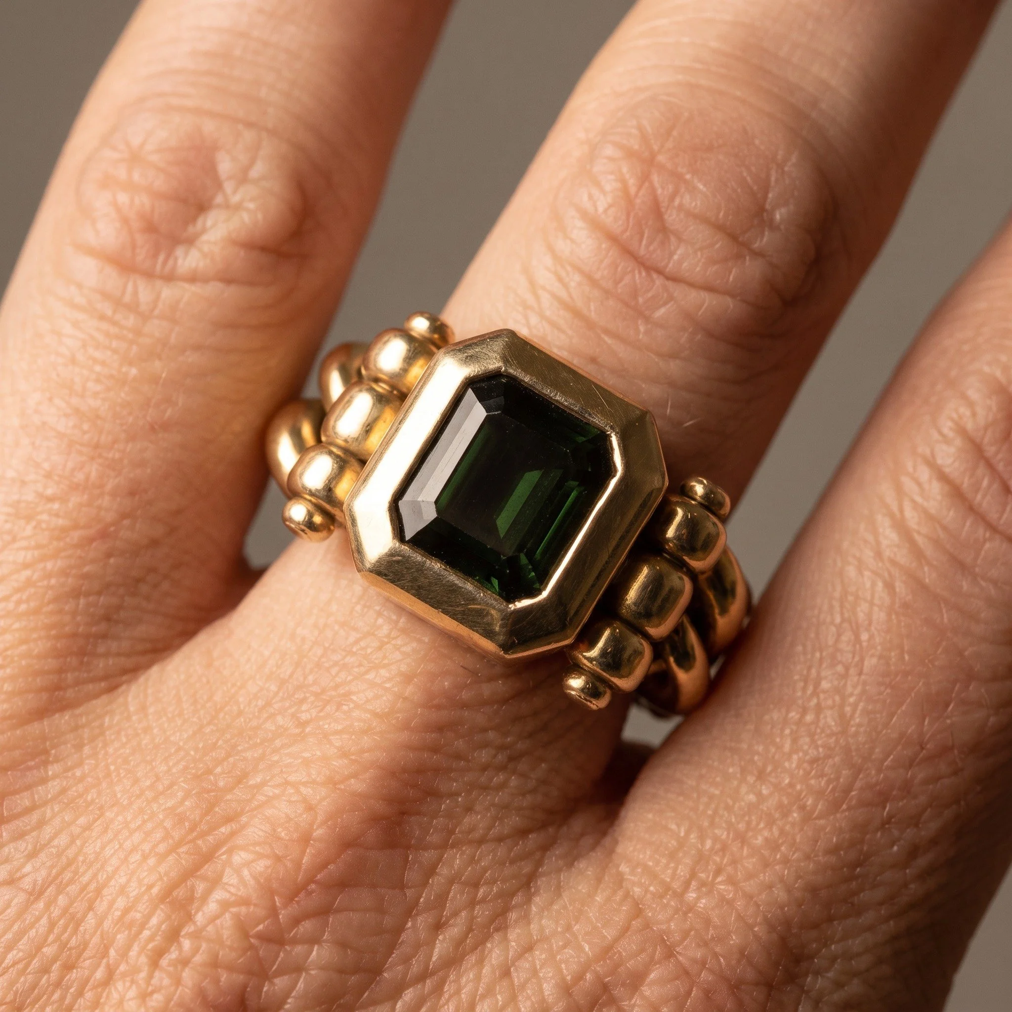 maor-18kt-gold-chain-link-ring-green-tourmaline-07-worn-Mozeris-Fine-Antiques.jpg