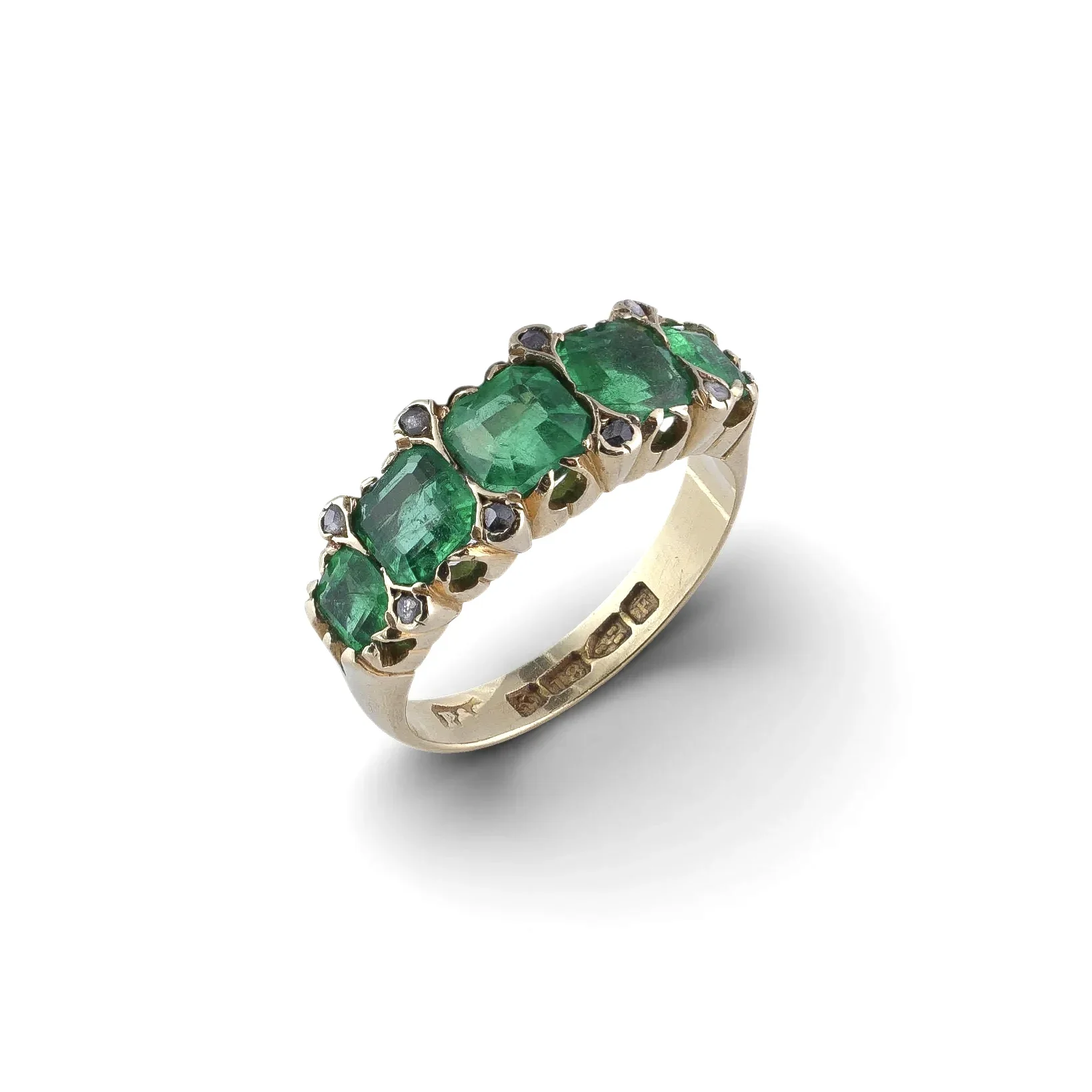 Antique Victorian 18KT Gold Colombian Emerald Five-Stone Ring with Rose-Cut Diamonds