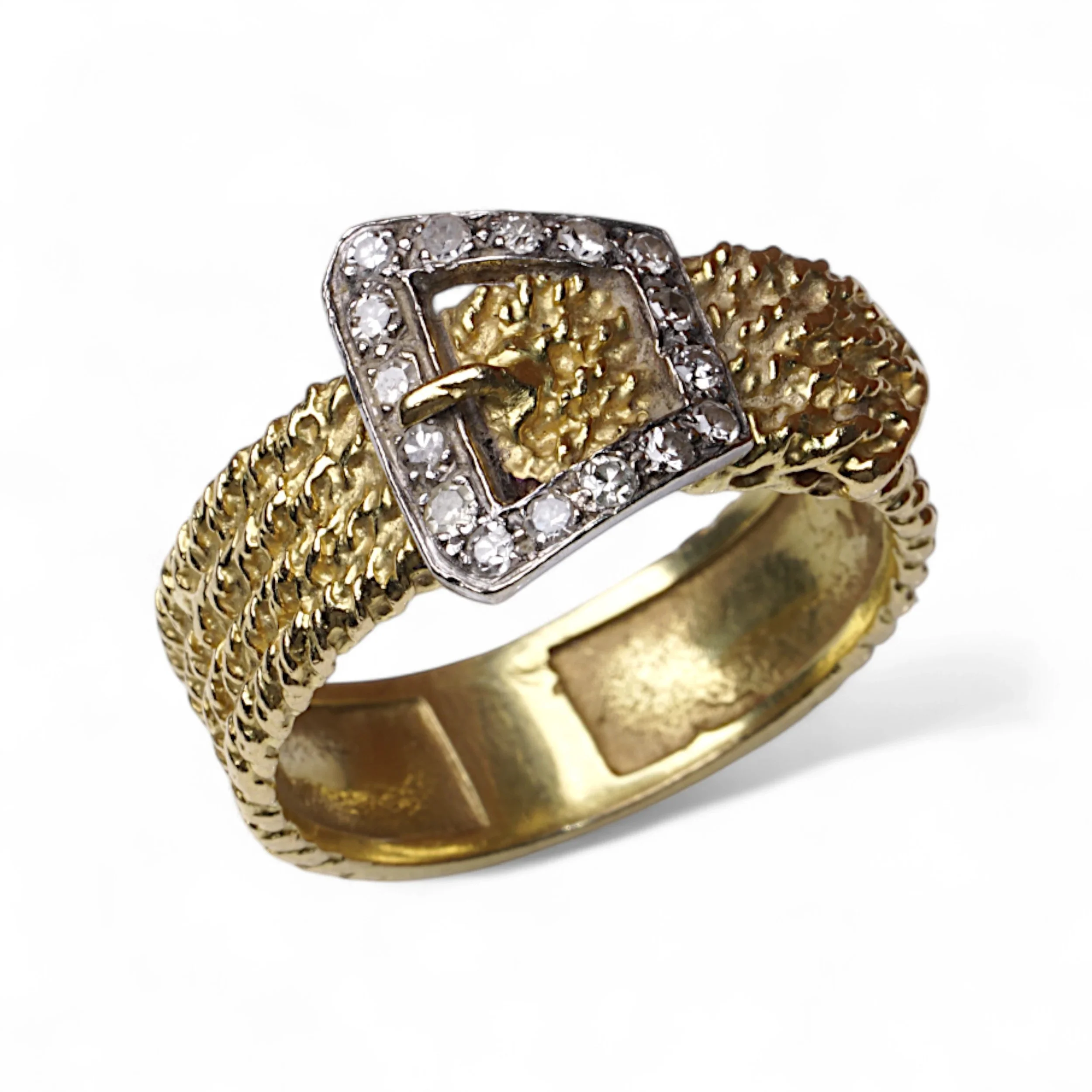 Vintage 18kt Gold Diamond Belt Buckle Ring – Textured Design