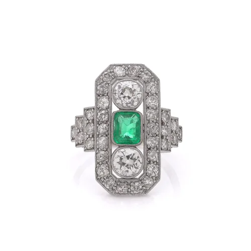 Art Deco Platinum & 18KT Gold Ring with Colombian Emerald and Old Cut Diamonds