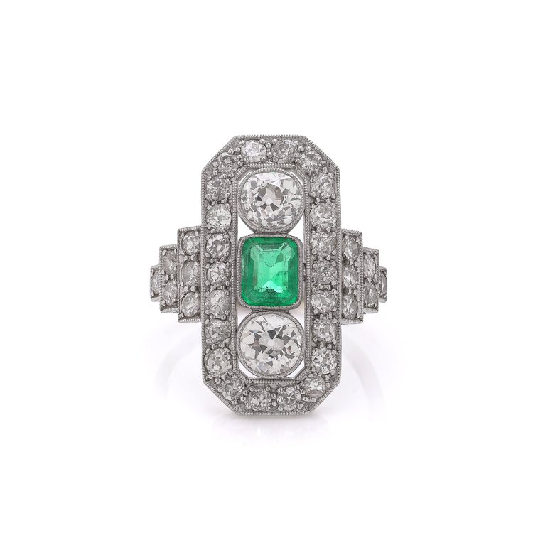 Art Deco Platinum & 18KT Gold Ring with Colombian Emerald and Old Cut Diamonds