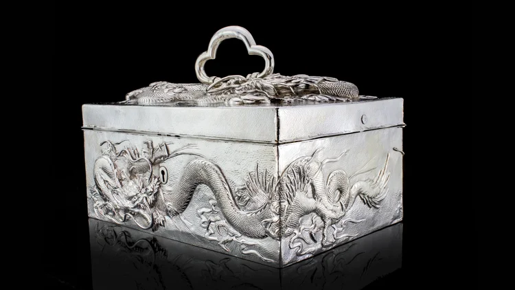 Antique Chinese Export Solid Silver Dragon Box, 1880 -1920