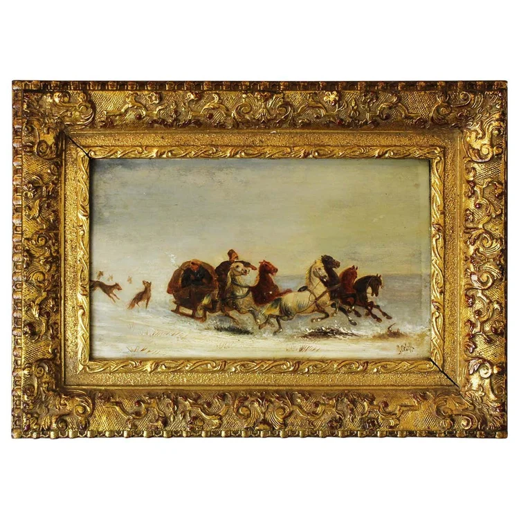 Antique 19th Century Oil on Board Painting 'Winter Scene' by J.Orloff