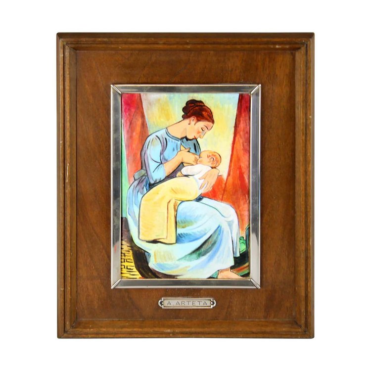 Hand painted enamel on porcelain painting "La Crianza" by Aurelio Arteta, (1879 - 1940)