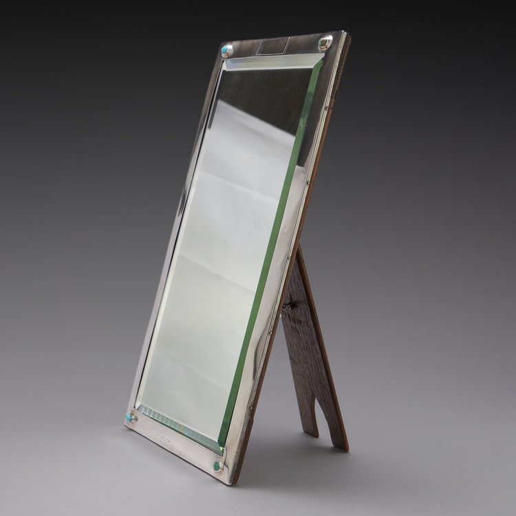 Liberty & Co silver and turquoise table mirror with a wooden back