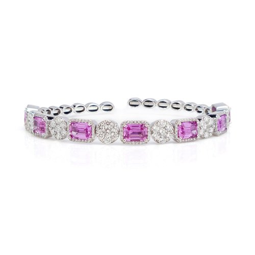 18KT White Gold Bangle with Natural Pink Sapphires and Diamonds