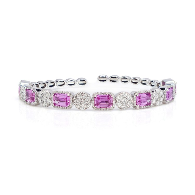 18KT White Gold Bangle with Natural Pink Sapphires and Diamonds