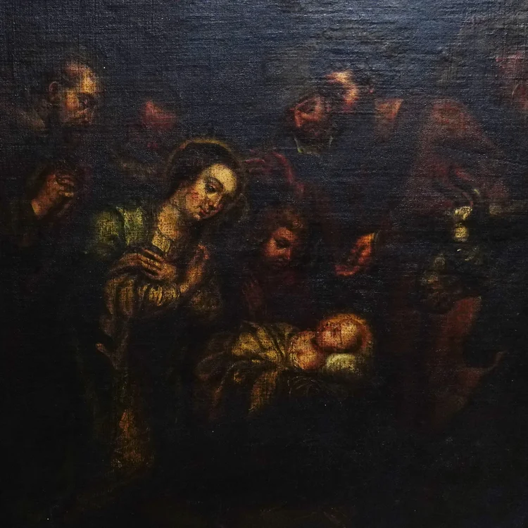 Antique 18th century oil on canvas painting, depicting the holy family
