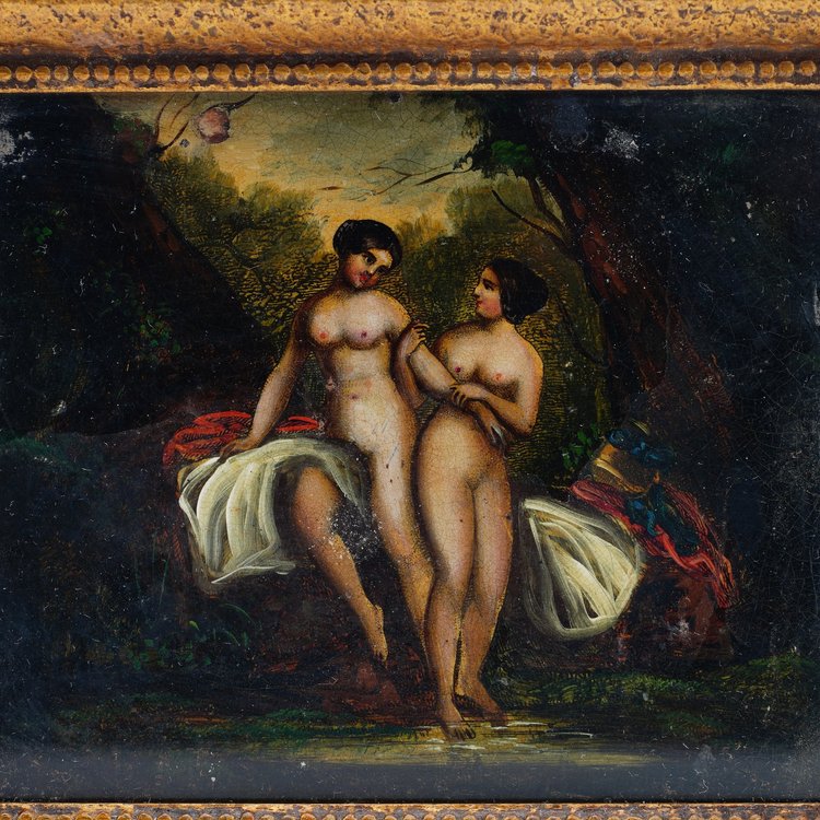 Antique 19th century oil on tin painting '' Two nudes in nature ''