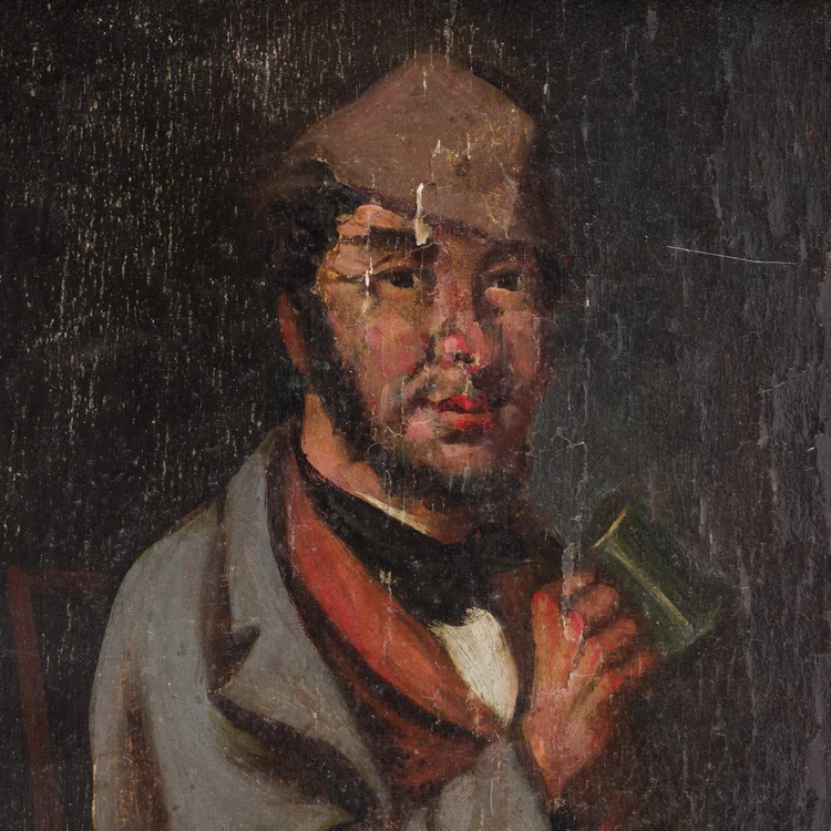 19th-century oil on wood panel painting featuring a man drinking in a tavern