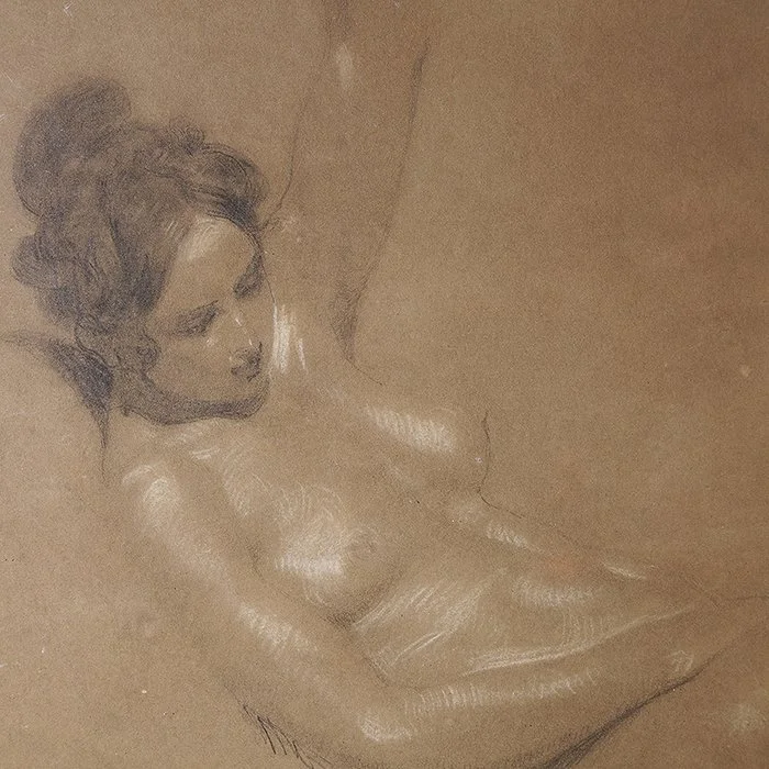 19th-century oil-on-paper drawing '' Female nude study '' English school