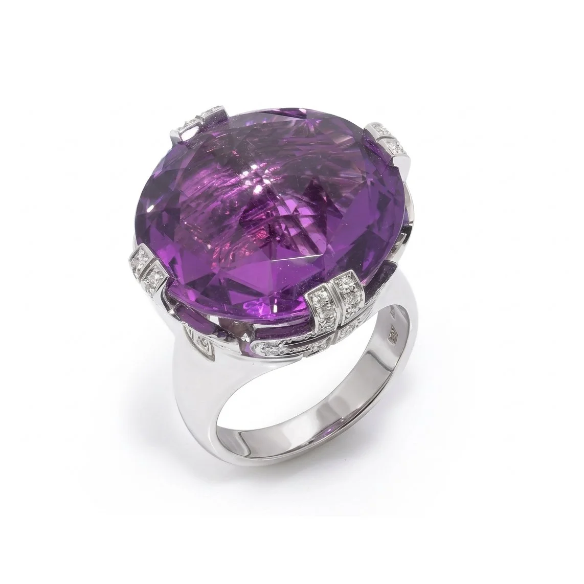 18KT White Gold BVLGARI Natural Amethyst & Diamond Cocktail Ring