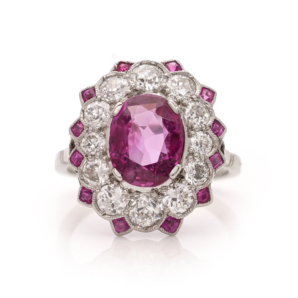 Platinum oval-shaped 2.25 cts. of Natural Burma ruby cluster ring