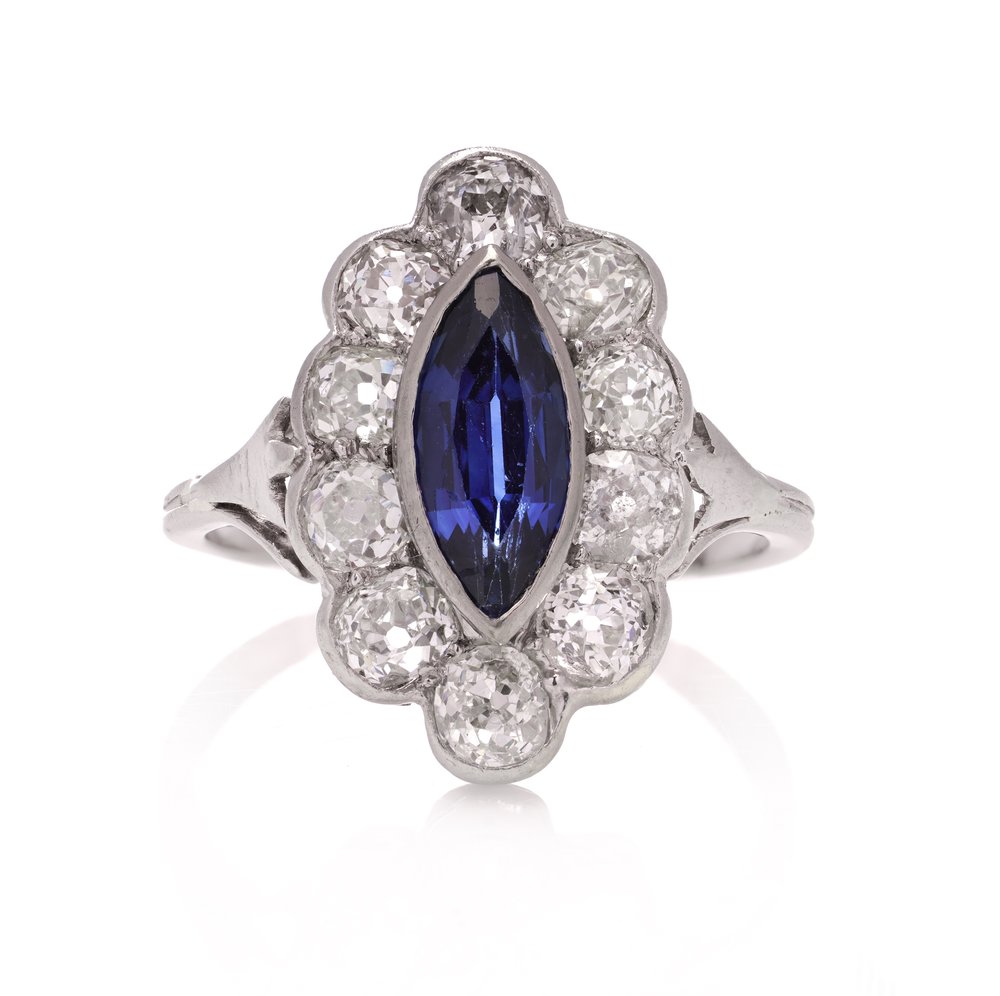 Art Deco Platinum Diamond Natural Ceylon Sapphire cluster ring