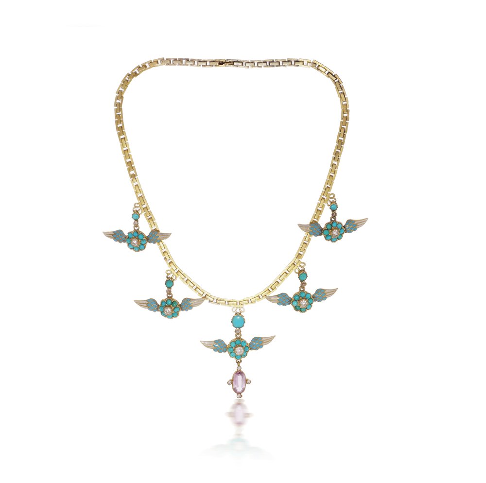 Exclusive Victorian 20kt. gold and enamel necklace set with diamonds, turquoises and pink tourmaline