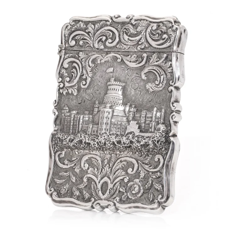 Victorian sterling silver embossed card case, by Edward Thomason, featuring Windsor castle, 1851