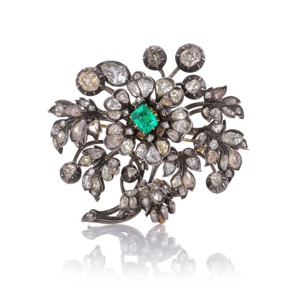 Victorian En Tremblant diamond and emerald brooch — Mozeris Fine