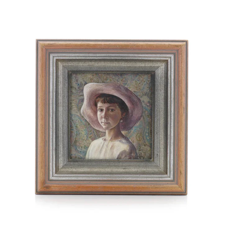 Vintage Mary E Carter oil on canvas painting of a girl with a hat