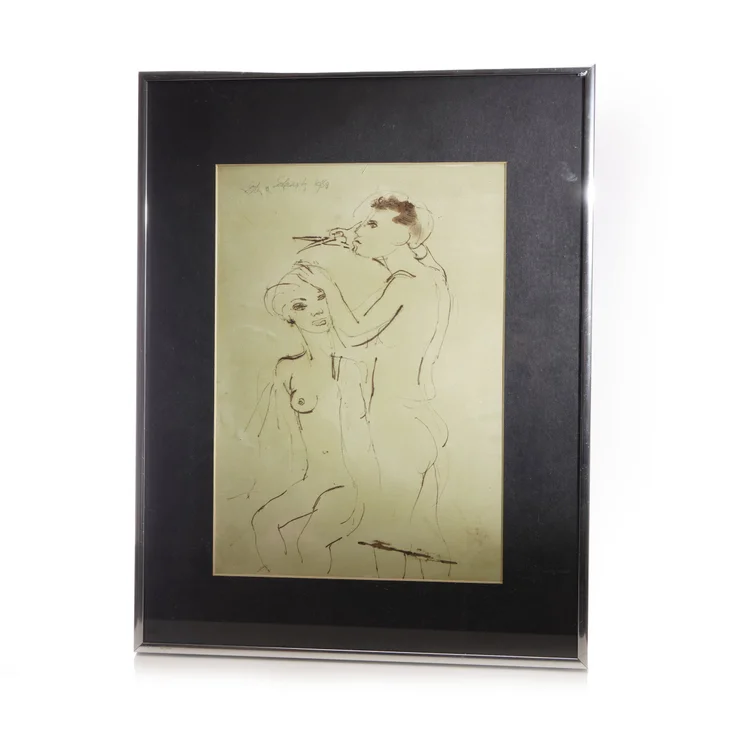 Pen and ink drawing by Lester O. Schwartz ' nude study, the male figure giving the female a haircut