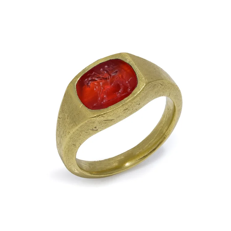 22KT Gold Ring with Roman Carnelian Intaglio of Cupid Riding a Lion