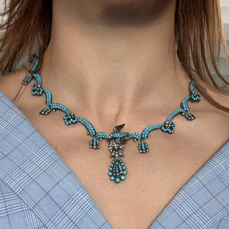Victorian Natural Turquoise & Pearl Necklace, Circa 1860