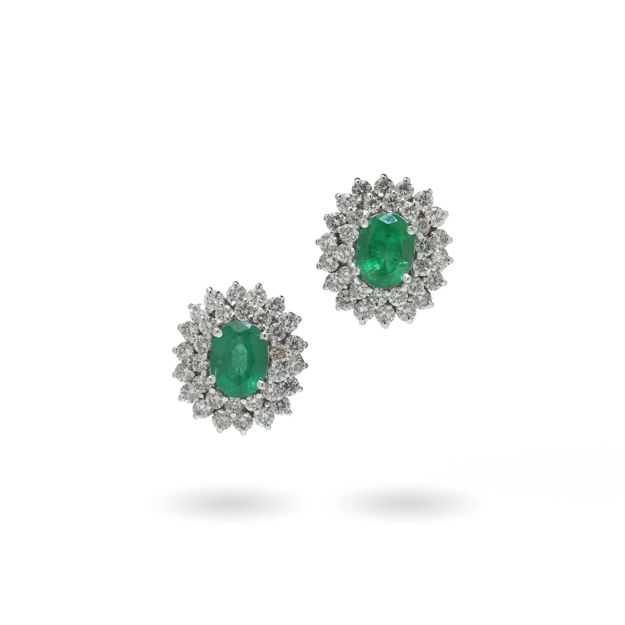 Vintage 18KT White Gold Emerald and Diamond Cluster Earrings