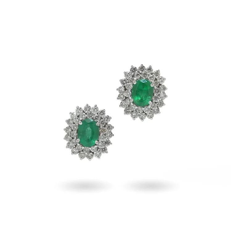 Vintage 18KT White Gold Emerald and Diamond Cluster Earrings