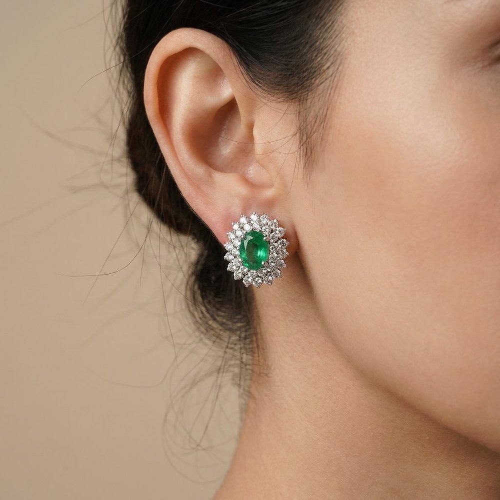 Vintage 18KT White Gold Emerald and Diamond Cluster Earrings