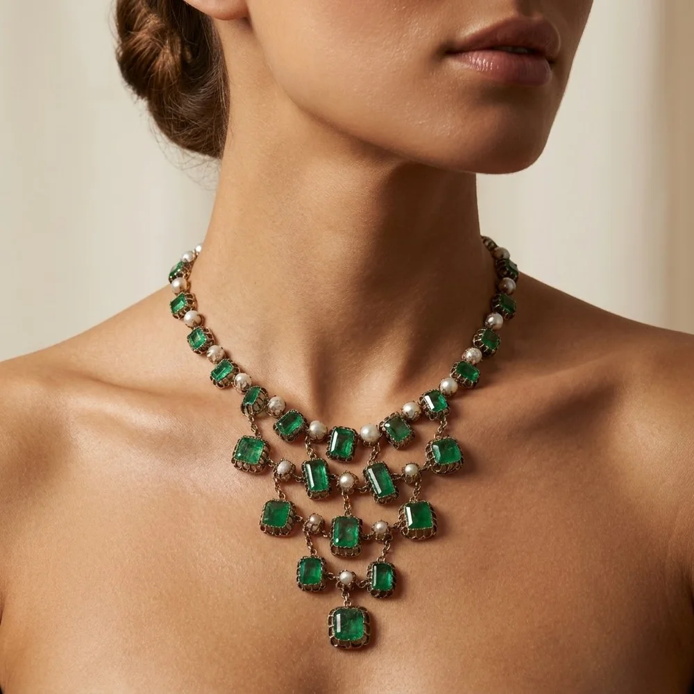 Georgian Emerald and Natural Pearl Necklace