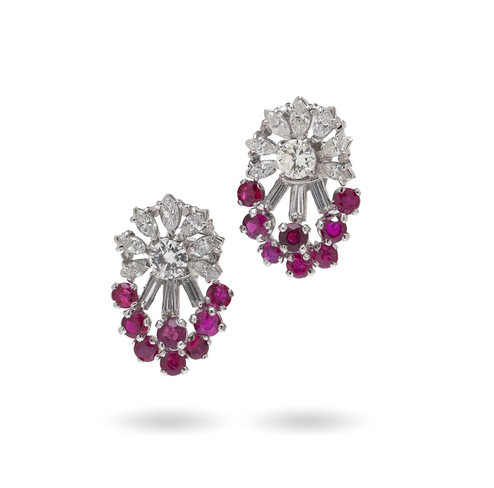 Platinum Ruby and Diamond Cluster Earrings