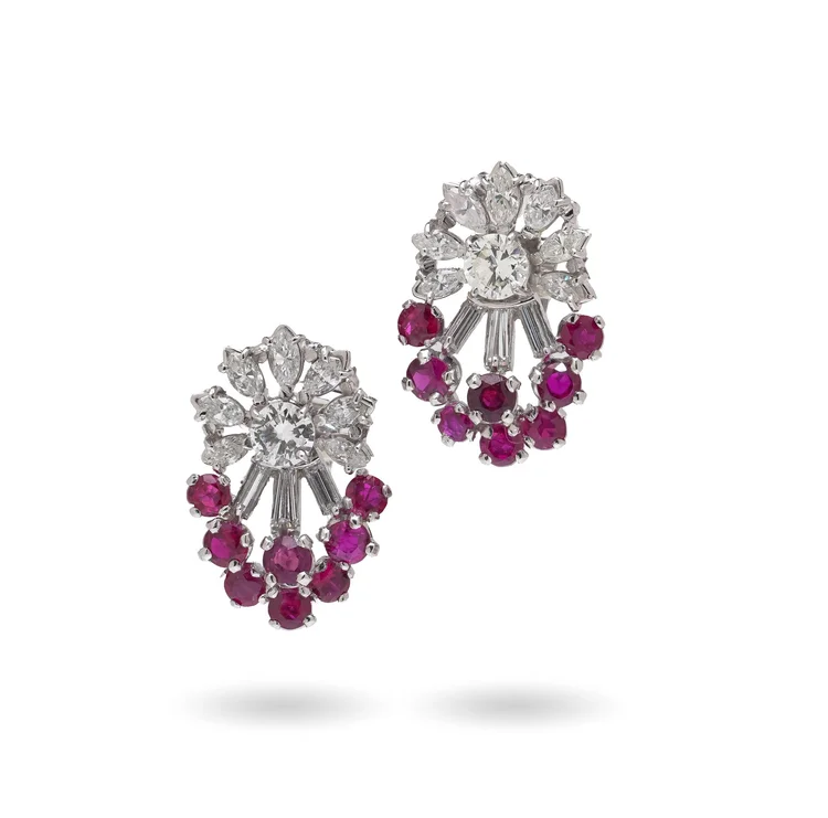 Platinum Ruby and Diamond Cluster Earrings