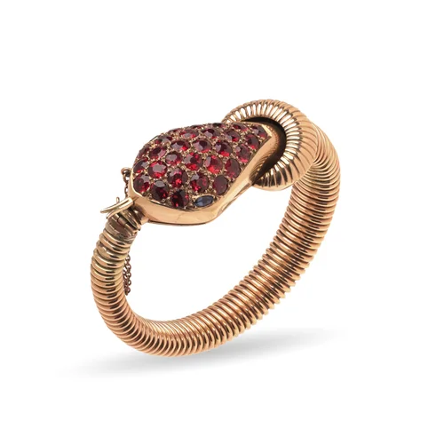 Vintage 9KT Gold Garnet-Set Snake Bracelet Watch, Circa 1950s