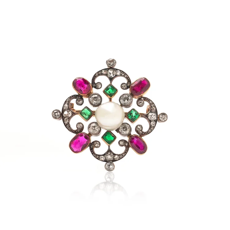 Edwardian Natural Pearl, Ruby, Emerald and Diamond Baroness Issaverdens Brooch