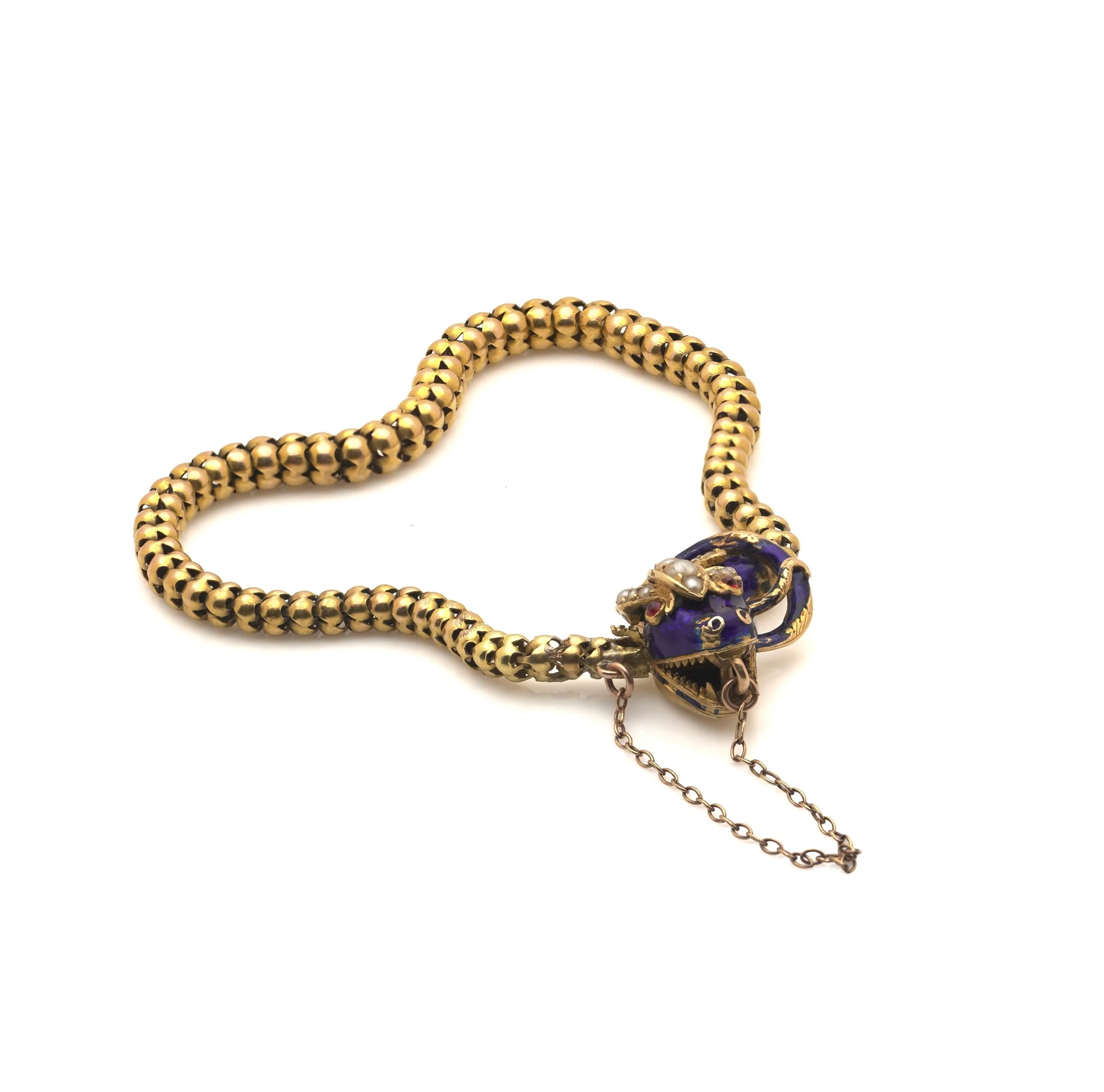 Victorian 20KT Gold Snake Bracelet with Pearls, Ruby Eyes and Blue Enamel