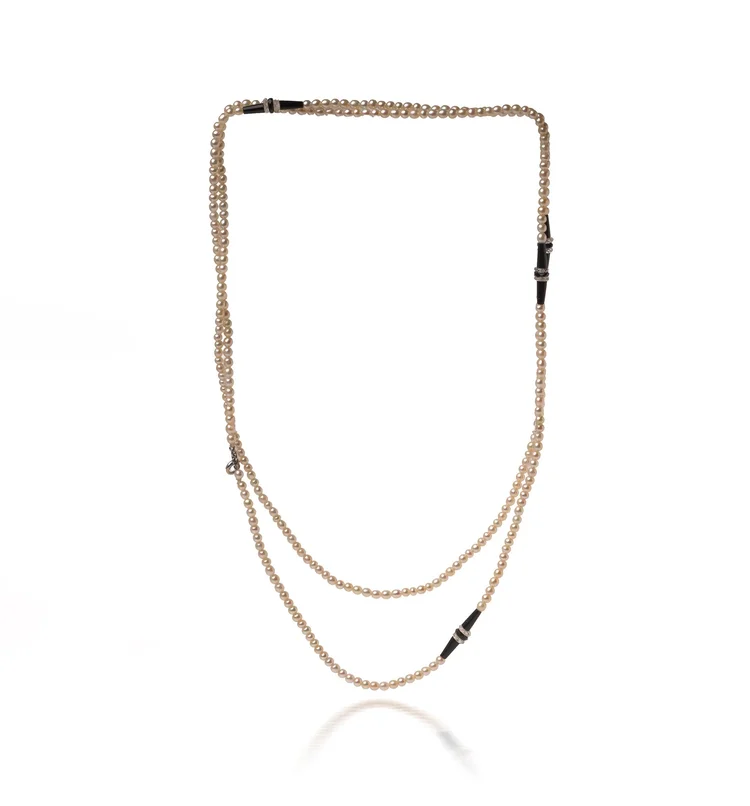 Art Deco Natural Seed Pearl, Onyx and Rock Crystal Necklace