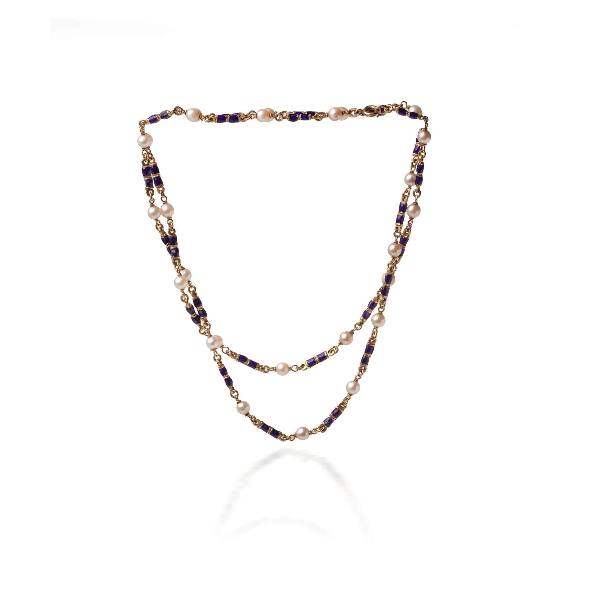 18KT Gold, Blue Enamel and Seed Pearl Guard Chain Necklace