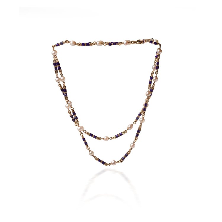 18KT Gold, Blue Enamel and Seed Pearl Guard Chain Necklace