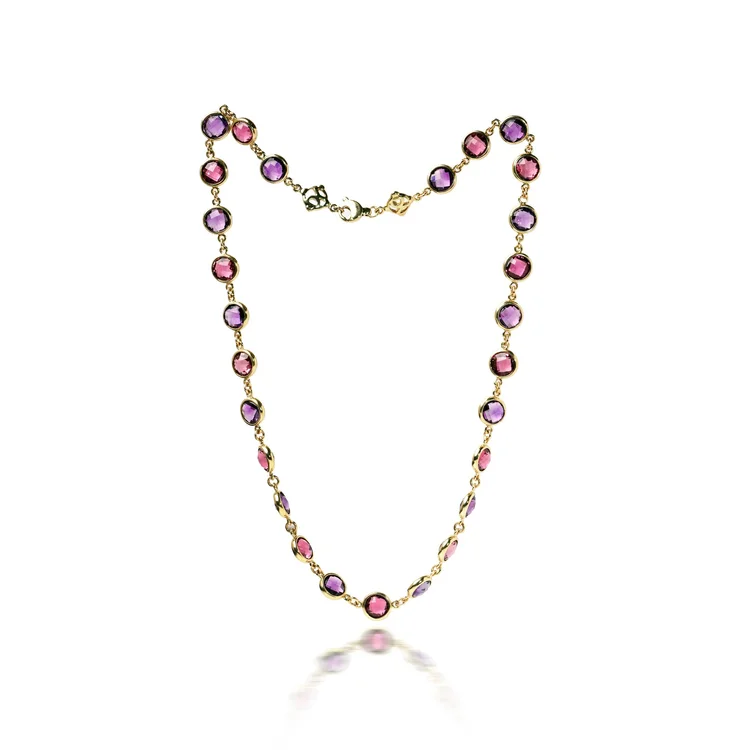 Vintage 18KT Gold Amethyst and Pink Tourmaline Necklace